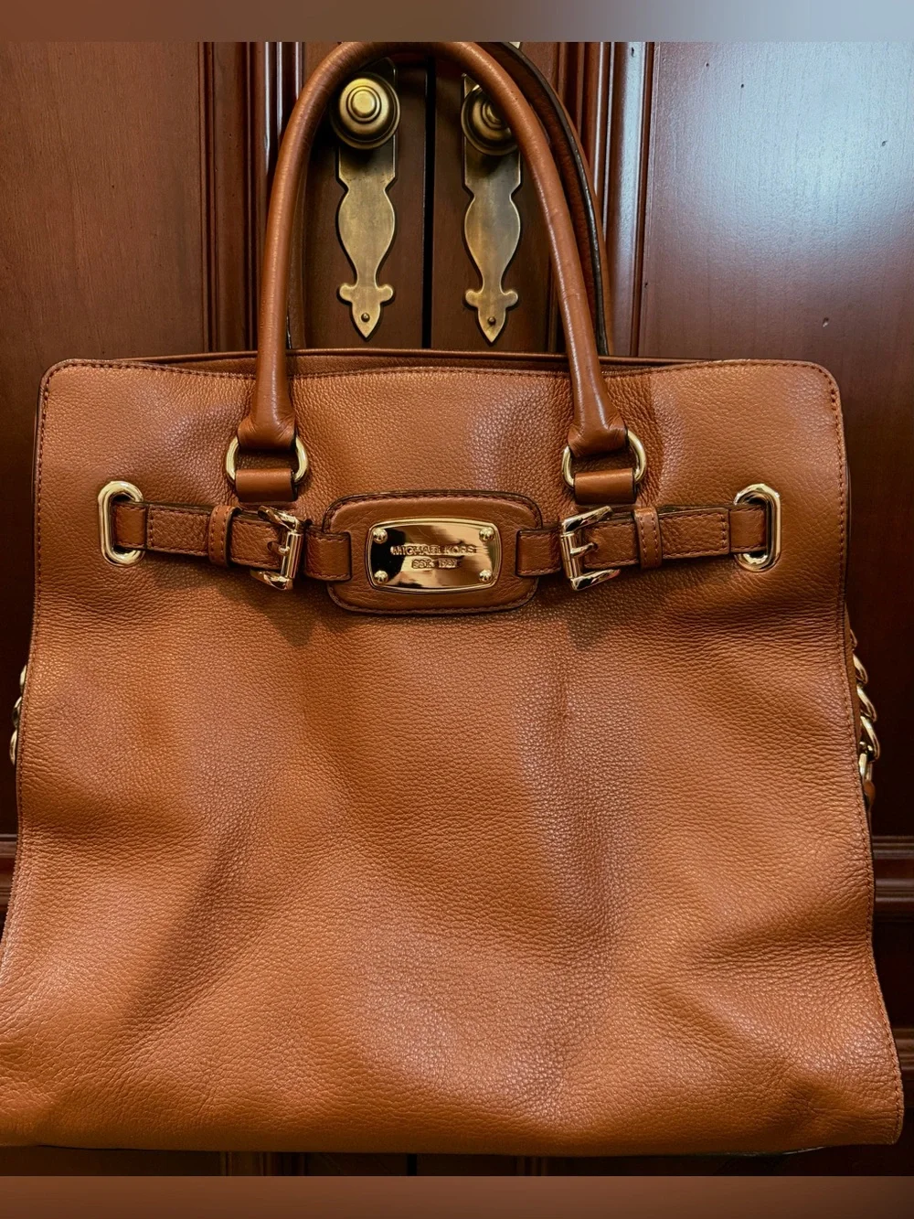 Michael Kors Hamilton Large Leather Tote Satchel Bag- Brown